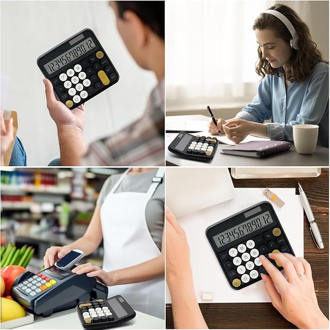 Standard 12 Digit Calculator with Large LCD Display and Big Buttons - Black Gold Office Accessories for Women's Desk