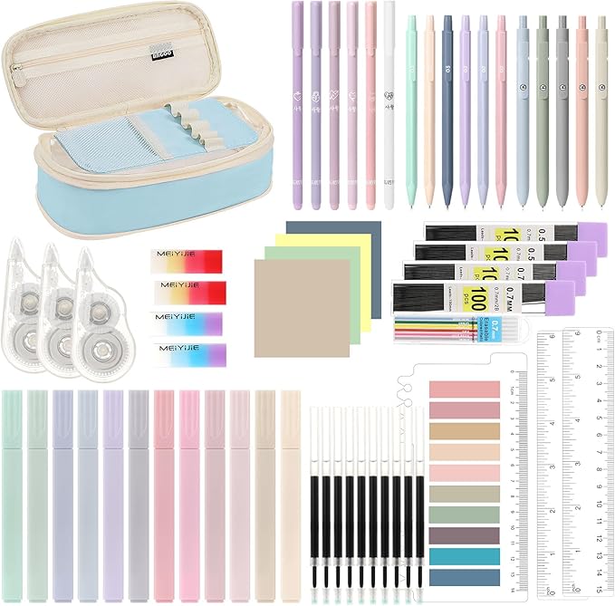 MoKo 60Pcs Aesthetic School Supplies with Cute Pencil Case, 12 Pastel Highlighters, 5 Black Ink Gel Pens, 6 Mechanical Pencil Set 0.5 & 0.7 mm for Students Stationary College Essentials, Blue