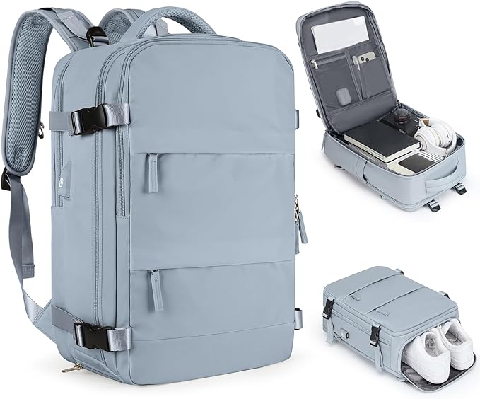 Large Travel Backpack For Women Men Airline Approved Carry On Backpack Flight Approved Waterproof Sports Luggage Backpack Casual Daypack Hiking Backpack Grey Blue