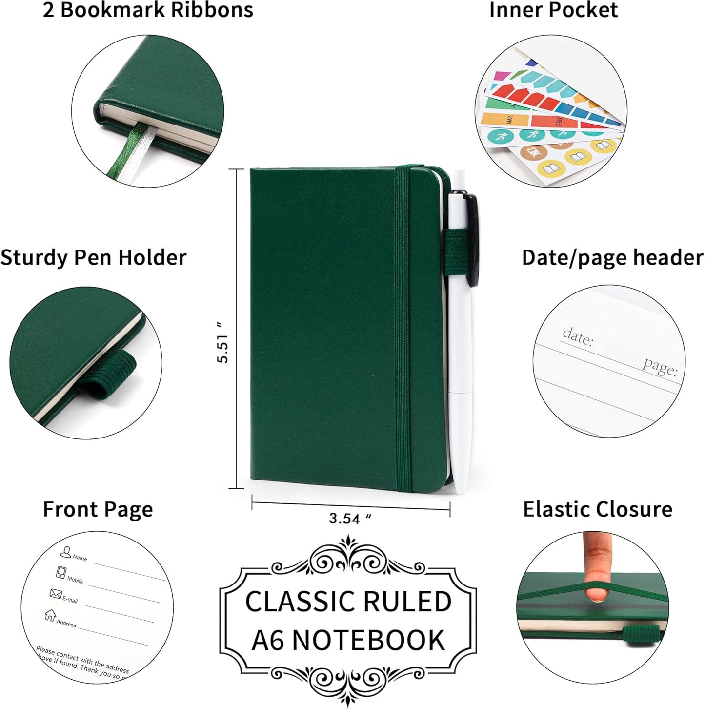 feela 3 Pack Pocket Notebook Journals with 3 Black Pens, A6 Mini Cute Small Journal Notebook Bulk Hardcover College Ruled Notepad with Pen Holder for Office School Supplies, 3.5”x 5.5”, Dark Green