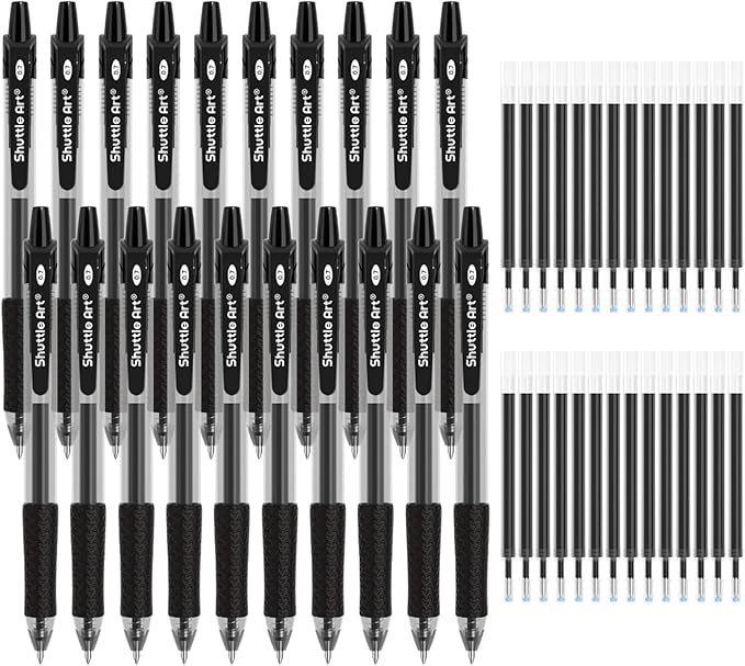 Shuttle Art Black Gel Pens, 48 Pack(20 Pens with 28 Refills) Retractable Medium Point Rollerball Gel Ink Pens Smooth Writing with Comfortable Grip for Office School Home Work