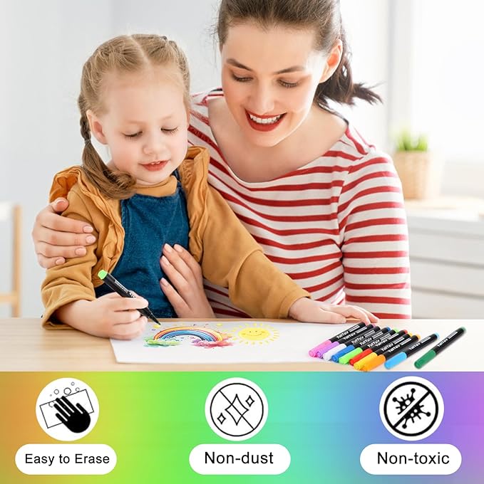 Liquid Chalk Markers for Acrylic Calendar Planning Board, Dry Erase Board Whiteboard, Glass, Mirror, 1mm Fine Points, Easy Wet Erase (10 Color)