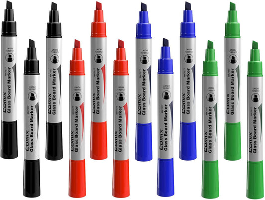 Comix Glass Board Dry Erase Markers, Low Odor Whiteboard Markers, Chisel Tip, 4 Assorted Colors, 12 Pack