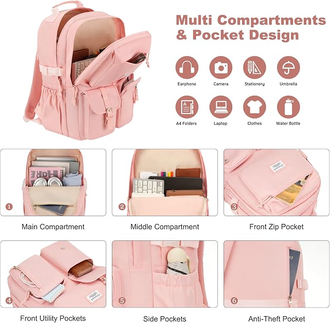 School Laptop Backpack for Girls Bookbag: Large Capacity Elementary Middle High School Book Bag 15.6 Inch Casual College Backpacks Waterproof Travel Back Pack Student Bookbags for Teen Kids Boys Women