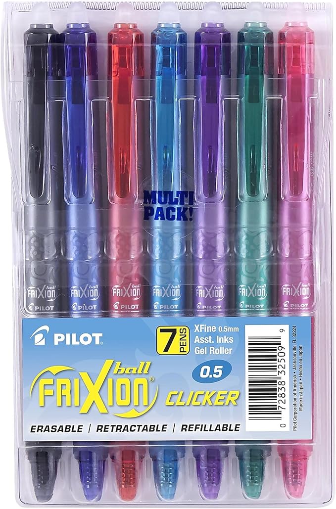 Pilot FriXion Clicker Erasable Gel Pens, Extra Fine Point 0.5 mm, Pack of 7, Assorted Colors
