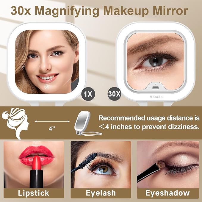 Mocado Compact Travel Makeup Mirror, 1X/30X Magnifying Mirror with Light, Double Sides Compact Mirror with 3 Color Light, Dimmable Handheld Mirror, Rechargeable Travel for Purse,Pocket(White)