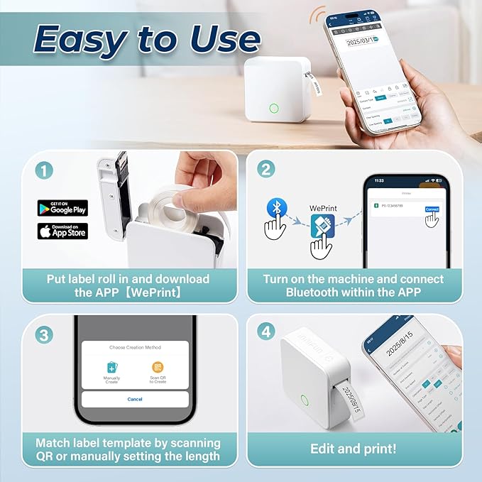 Label Maker Machine with Tape P0 Rechargeable Bluetooth Mini Label Printer Portable Small Thermal Labeling Machine Easy to Use for Home Office School Organization Battery Included White