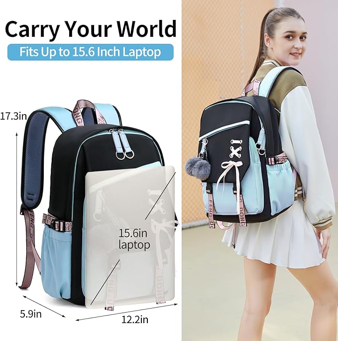 FENGDONG Teenage Girls Bookbag school Backpack Children Casual Daypack Schoolbag for Teens Blue