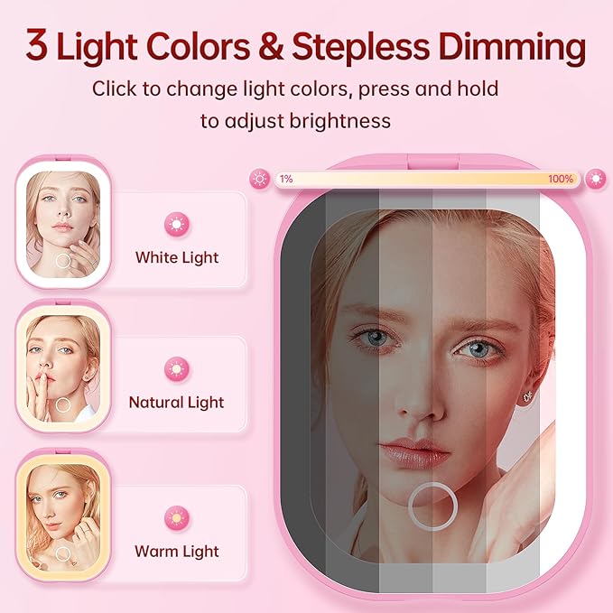 Benbilry Lighted Compact Travel Mirror with 3 Color Lights, 1X/3X Magnifying Ultra Slim Rechargeable Pocket Mirror for Purse, 2-Sided, Handheld, Folding, Portable, Pink