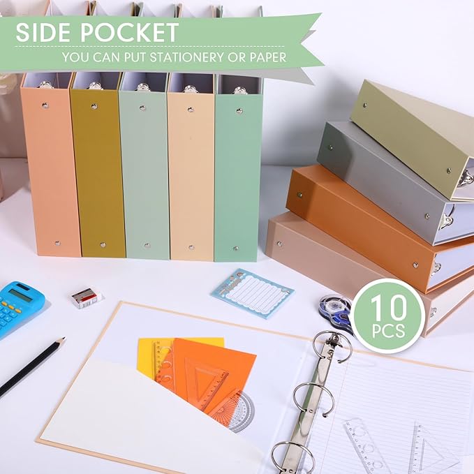 Ctosree 10 Pack Colored 3 Ring Binder with 2 Pockets Hardcover Loose Leaf Binder for Women Men Teacher Student School Office Home Supplies, Fits 11 x 8.5 Size Paper, 10 Colors(2",Simple Color)