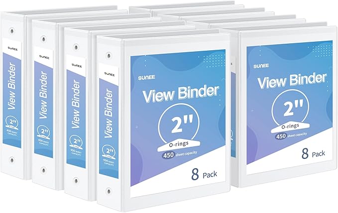 SUNEE 3 Ring Binder 2 Inch 8 Pack, Clear View Binder Three Ring PVC-Free (Fit 8.5x11 Inches) for School or Office Supplies, White