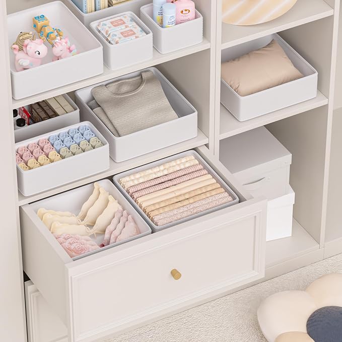 Vegan Leather Drawer Organizers,16 Pack Makeup Storage boxes,Vanity Drawer Luxury upgrade,Bedroom fabric Drawers replacement,bathroom organization and storage Optimal solution