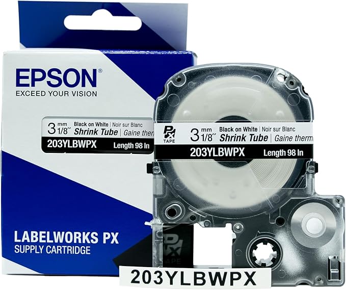 Epson LABELWORKS 203YLBWPX Genuine Tape Cartridge - Black on White Shrink Tube Industrial Label Maker Tape - AWG 16-22, 1/8" (3MM) Wide, 8 ft (98")