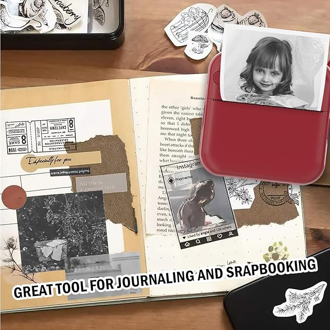 Mini Photo Printer - Portable Pocket Sticker Printers for iPhone Thermal Printer with 10 Rolls Thermal Paper for Photo, Memo, Journal - Dark Red