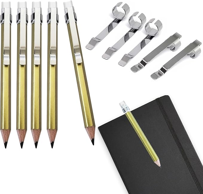 Adhere 12pcs Golf Pencils with eraser Hexagon gold Wooden Pencils Graphite 2B for Golf Event Scoring,Classroom,Wedding,Company Meetings,Pew, Pocket (z-Gold pencil 12pcs + pencil clip 12pcs)