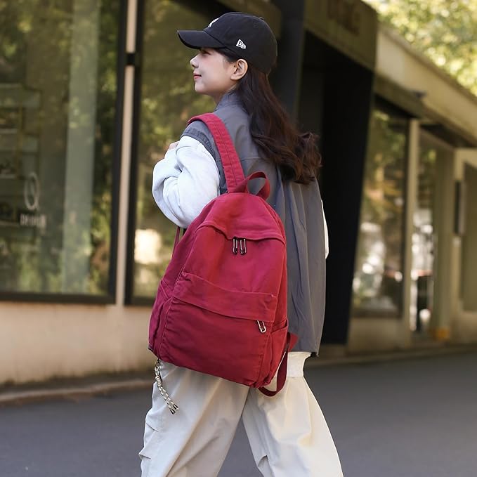 Vintage Canvas Backpack for Women Grunge Hippie Cute Boho School Backpack Casual Y2K Aesthetic Backpack (Red)