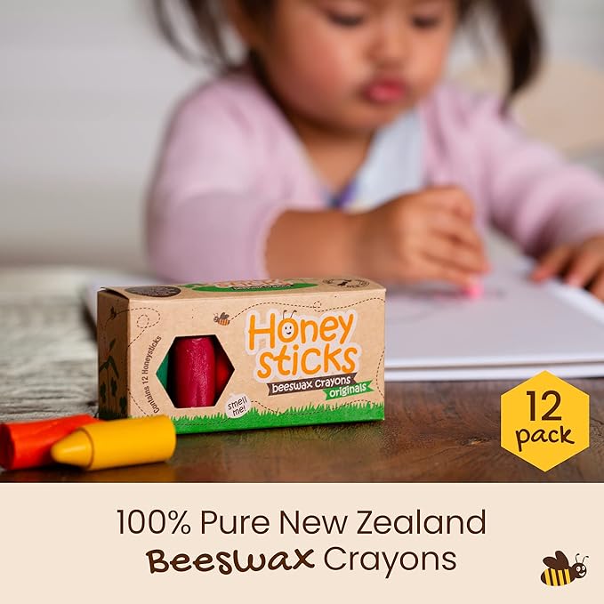 Honeysticks 100% Pure Beeswax Crayons (12 Pack) - Non Toxic Crayons, Safe for Babies and Toddlers, for 1 Year Plus, Handmade in New Zealand with Natural Beeswax, Food-Grade Colors, Eco-Friendly
