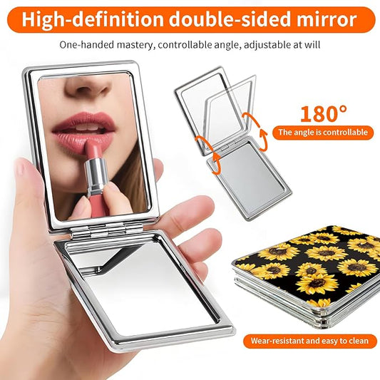 Compact Pocket Mirror, Cute Travel Mini Mirror with Magnification, Foldable Double-Sided Portable Cosmetic Mirror for Men, Women Sunflowers