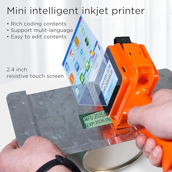 Handheld Inkjet Printer with 42ml Quick-Drying Ink Cartridge, 0.5 Inch Nozzle Ink Jet Coding Machine for EXP Date/Batch Number/QR Code/Barcode/Logo/Text (ZM-C12mini) (Orange)