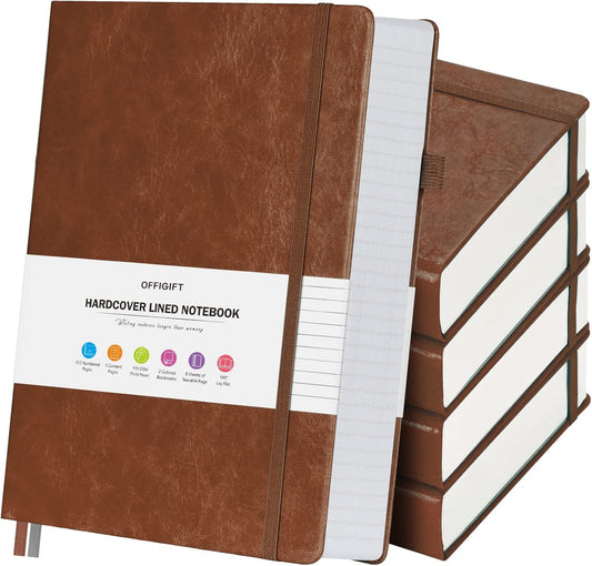 5 Pack College Ruled Notebook, 312 Numbered Pages Thick Notebooks Bulk, 100gsm No Bleed Paper Hardcover Leather Journal, Lined Journal Notebook Set for Women Men School Office, A5, Brown