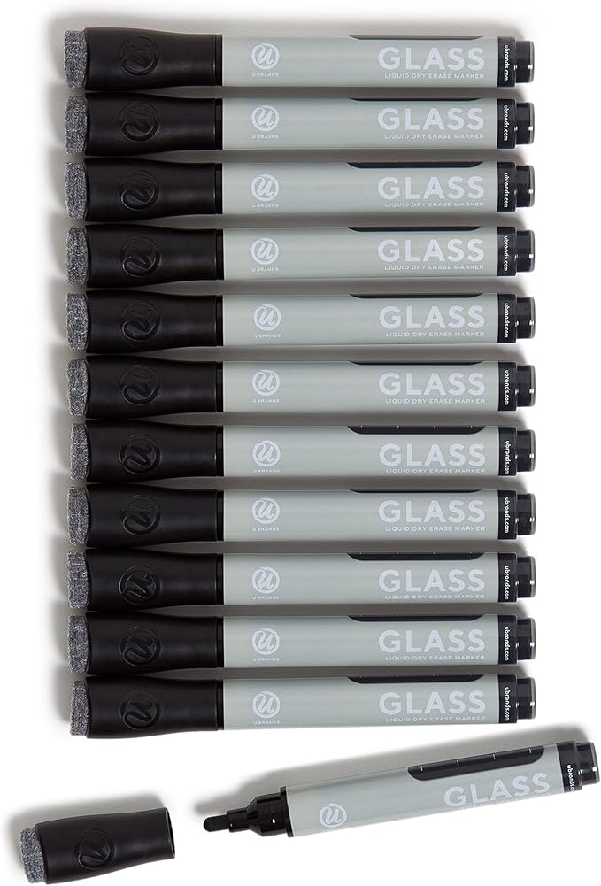 U Brands Bold Tip Liquid Glass Whiteboard Markers with Eraser for Glass Boards, Dry Erase Boards, and Chalk Boards, Black, Set of 12