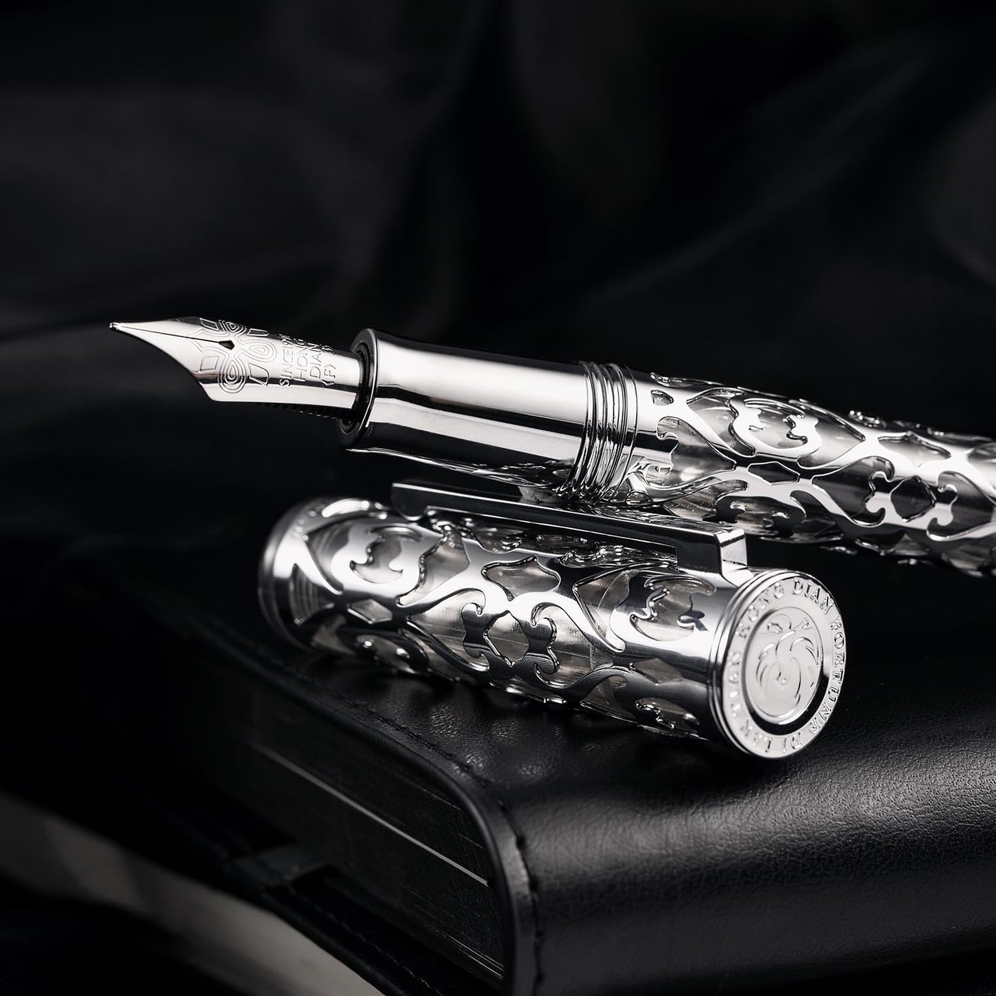 Hongdian D1 Piston Fountain Pen Fine Nib, Hollow Skeleton & Resin with Metal Case Set (Silver)