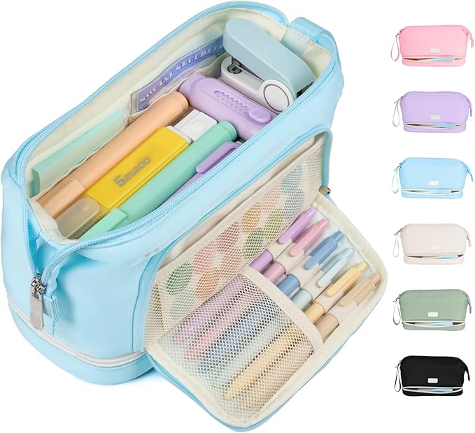 Sooez Big Pencil Case, Extra Large Pencils Pouch, Wide Opening Pen Bag Box with 6 Compartments, Store 200 Pens, Zipper Stationery Organizer, Cute Aesthetic School Supplies for Teen Girls Boys Women