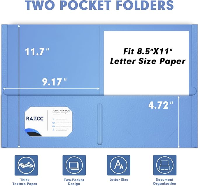 Two Pocket Folders, RAZCC 50 Pack File Folders with Pockets Fit Letter Size Paper, Thick Paper File Folder for School Office Business Home, Assorted 10 Colors