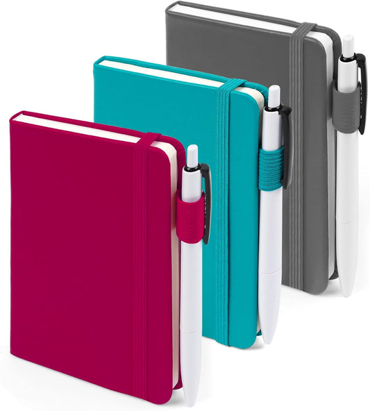 feela Pocket Notebook Journals, Mini Cute Small Hardcover College Ruled Notepad Office School Supplies, with 3 Black Pens, 3.5”x 5.5”, 3 Pack, A6, Solid Colors, Gray, Berry, Emerald