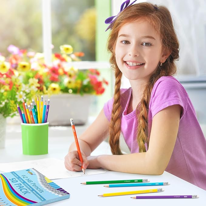 V-Opitos #2 Pre-Sharpened Wood-Cased Pencils, 50 Pack with Top Erasers, Bulk 2HB Pencils in Assorted Colors for School, Writing, Drawing and Sketching