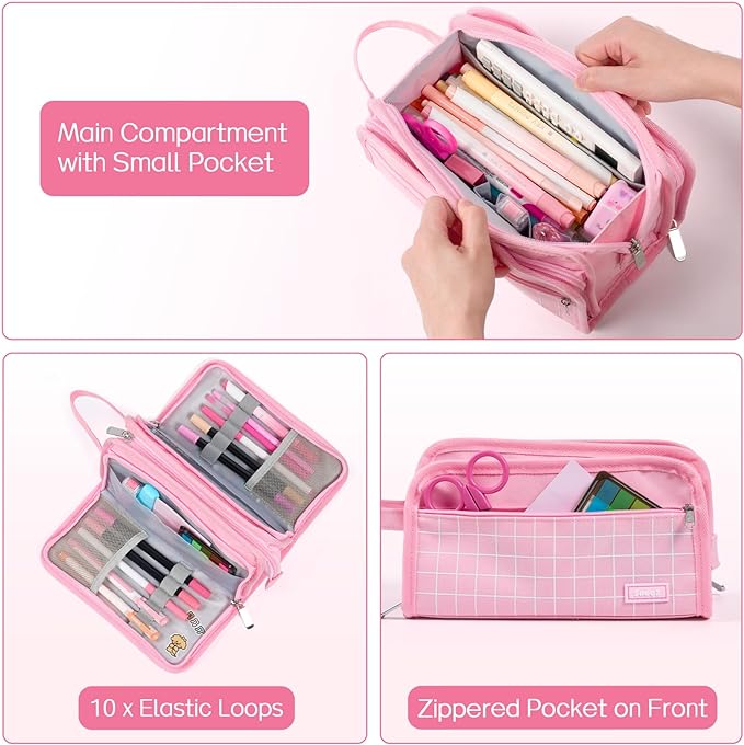 Sooez Large Pencil Case, Big Capacity Pencil Pouch Pen Bag with 3 Compartment, Portable Canvas Stationery Organizer with Zipper, Cute Aesthetic School Supplies for Teen Girls, Purple with Plaid