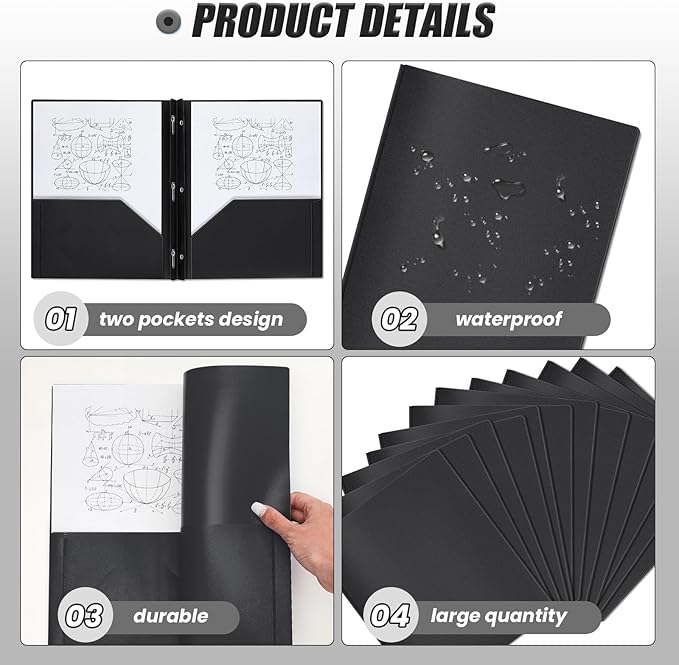 Lincia 100 Pcs Plastic Folders with Pockets and Prong Folders with Prongs Plastic Folders with 2 Pockets Pocket Folders for Office, School for Students, Teachers, Office Workers (Black)