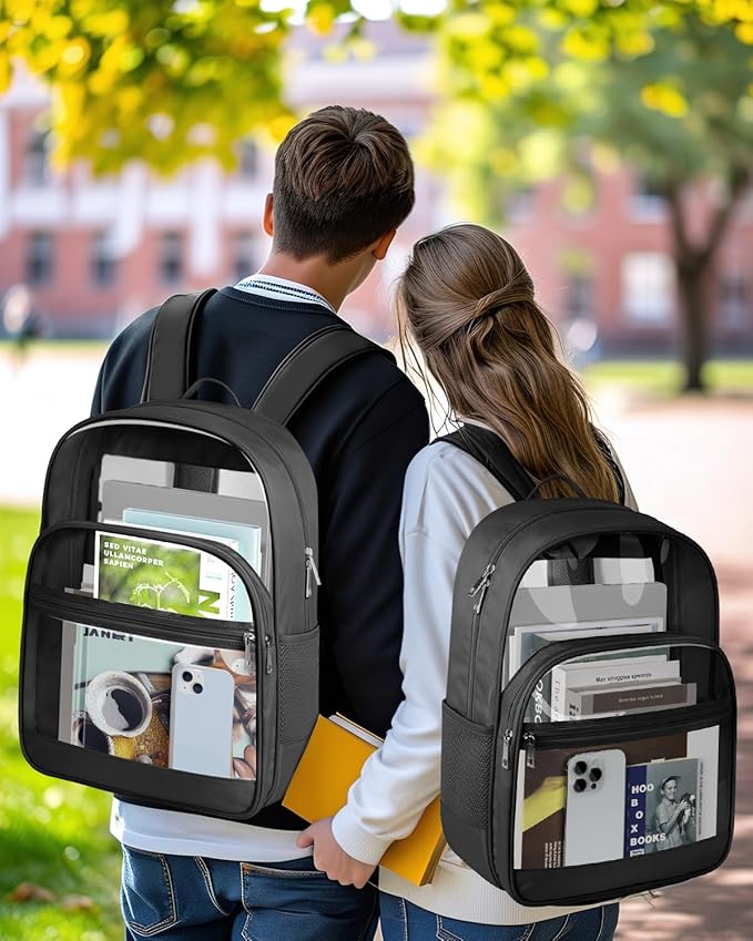 Clear Backpack, Heavy Duty Transparent Bookbag for School, Fabric & PVC Transparent Backpack with Reinforced Strap for Women Men, Capacity Clear Bag for College, Travel, Security, Black