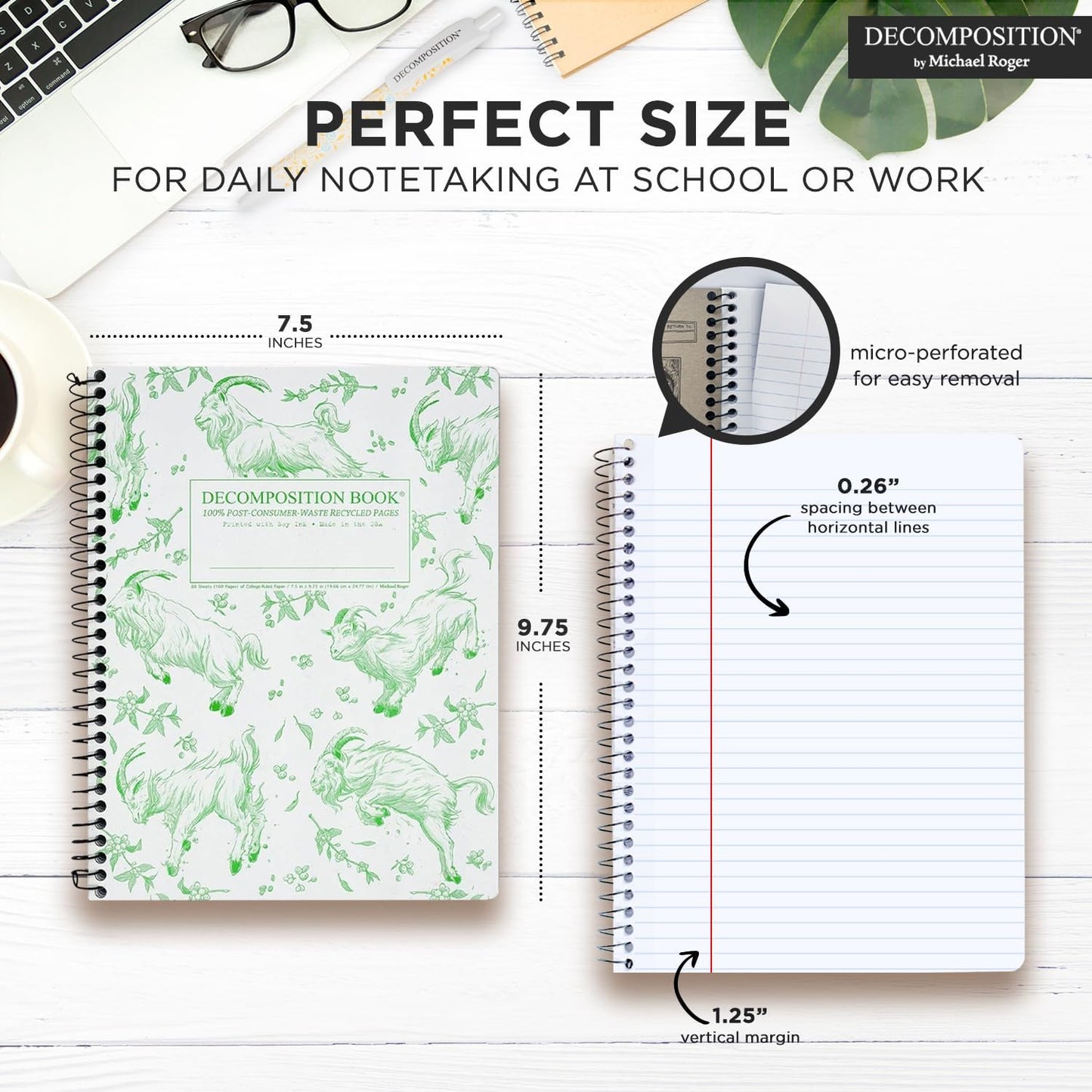 Decomposition Goatbook College Ruled Spiral Notebooks – 9.75 x 7.5 Journal with 160 Lined Pages – Notebooks for School Supplies, Home & Office – 100% Recycled Paper – Made in USA