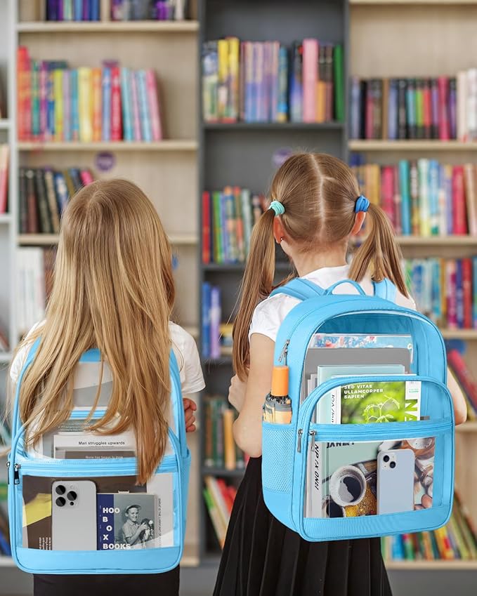 Clear Backpack, Heavy Duty Transparent Bookbag for School, Fabric & PVC Transparent Backpack with Reinforced Strap for Women Men, Capacity Clear Bag for College, Sky Blue