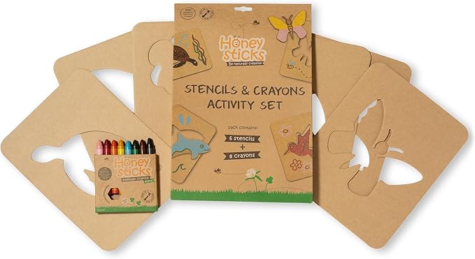 Honeysticks Kids Activity Set - 6 Large Stencils for Kids Plus Jumbo Non-Toxic Beeswax Crayons (8pk), Perfect First Stencils for Toddlers Preschool Art, Drawing and Coloring, Ideal Gifts for 3-5