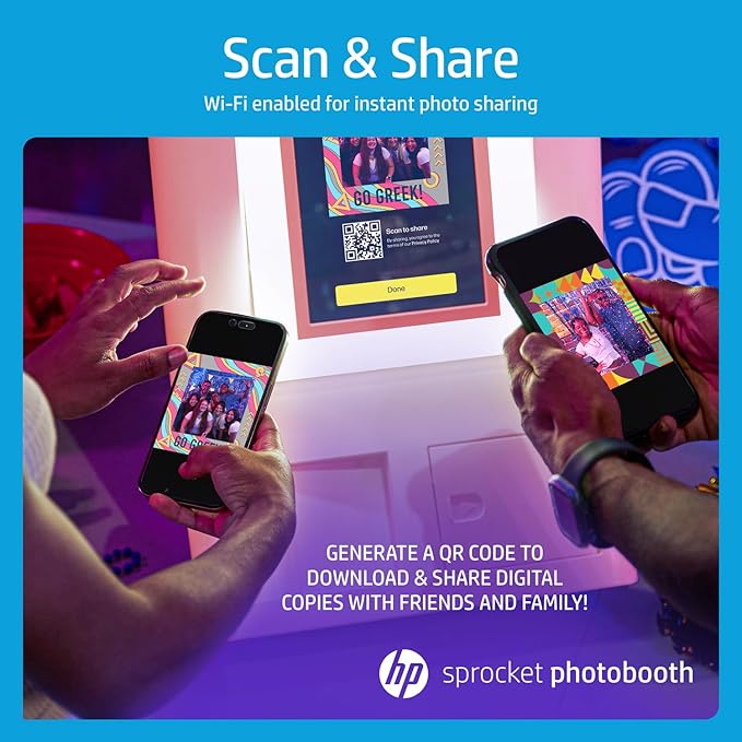 HP Sprocket Photo Booth Machine Instant Color Photo Printer - 10.1" Touchscreen Photobooth, LED Ring Light - Customize w/ 250+ Frames, Prints on 3x4 Zink Paper or Share via QR Code, Mobile App - Pink