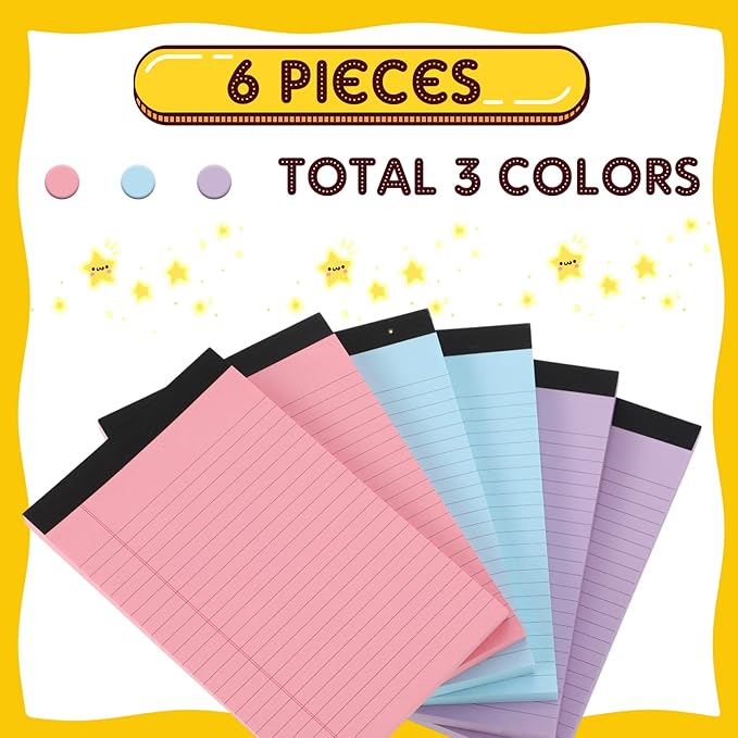 Honoson 6 Pack Legal Pads 5 x 8 College Ruled Colored Notepad 600 Sheets Wide Ruled Writing Pads 100 Sheets/pad Lined Paper Bulk for Office School Classroom Teacher Students Supplies, 3 Colors