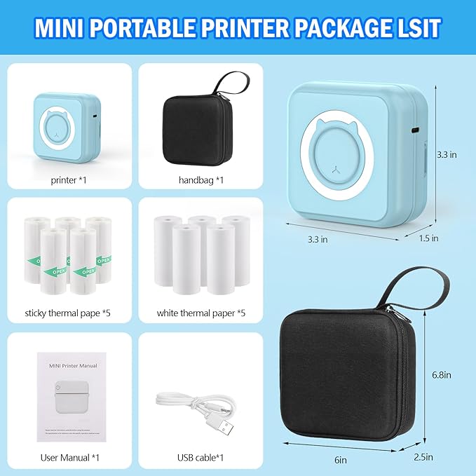 Blue Mini Pocket Printer with Black Case, Thermal Printers with 10 Rolls Thermal Paper, Portable Photo Printer for Travelling, Journal, Memo, Photo, Study Notes, Shopping Lists