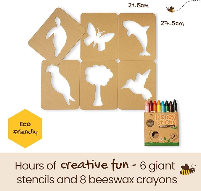 Honeysticks Kids Activity Set - 6 Large Stencils for Kids Plus Jumbo Non-Toxic Beeswax Crayons (8pk), Perfect First Stencils for Toddlers Preschool Art, Drawing and Coloring, Ideal Gifts for 3-5