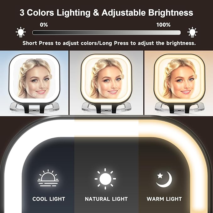 Mocado Compact Travel Makeup Mirror, 1X/30X Magnifying Mirror with Light, Double Sides Compact Mirror with 3 Color Light, Dimmable Handheld Mirror, Rechargeable Travel for Purse,Pocket(Black)