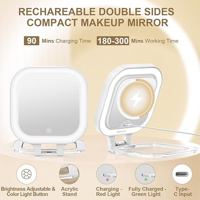 Mocado Compact Travel Makeup Mirror, 1X/30X Magnifying Mirror with Light, Double Sides Compact Mirror with 3 Color Light, Dimmable Handheld Mirror, Rechargeable Travel for Purse,Pocket(White)