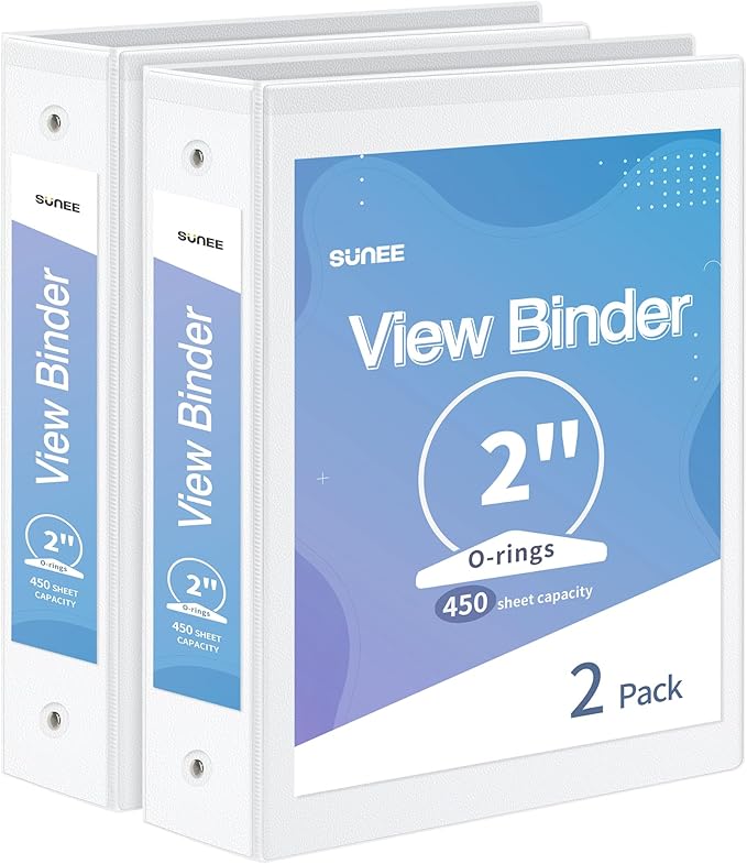 SUNEE 3 Ring Binder 2 Inch 2 Pack, Clear View Three Ring PVC-Free (Fit 8.5x11 Inches) for School or Office Supplies, White