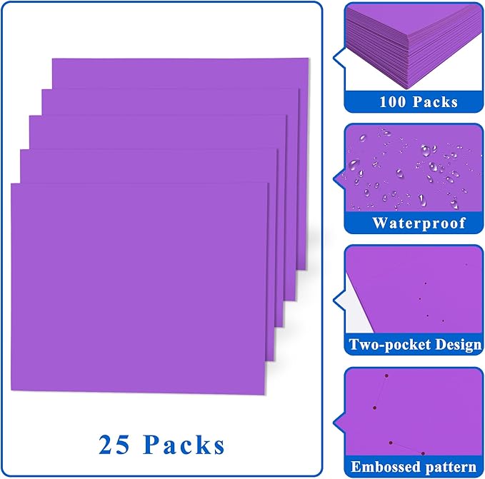 Zzrywuty 25 Packs Paper Folders with Pockets for Students, Businessmen and Office Workers, Letter Size, Two Pocket Folders with Card Slot for Office, Business, School Supplies (Purple)