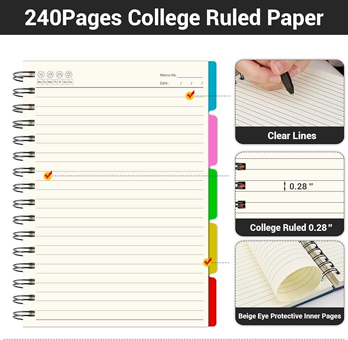 EUSOAR 5 Subject Notebook, 1pcs A4 11" x8-1/2 Spiral College Ruled Writing Pad, 100GSM 120Sheets/ 240Pages of Lined Paper, Thick Hardcover, for Journal Students, Office and Business, Royal Blue