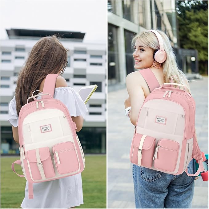 School Backpack BookBag for Teen Girl: 15.6 Inch Cute Laptop Backpacks for Middle High School Casual College Back Packs with USB Charging Port Aesthetic Daypack Travel Book Bag for Kids Students Women