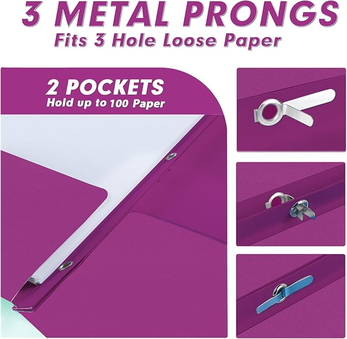 Two Pocket Folders, PANDRI 30 Pack Two Pocket Folders with Prongs, 3 Prong Folders Designed for Office and Classroom, Letter Size Purple