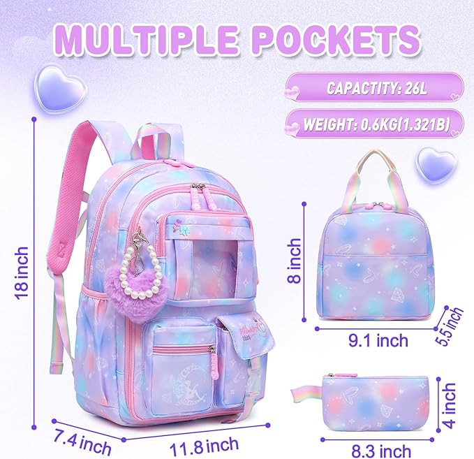 Sweet Girls Backpack - Stylish Splash-resistant School Bag with Multiple Pockets & Trendy Laptop Compartment（17inch Set Purple）