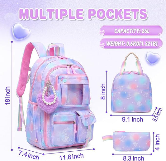 Sweet Girls Backpack - Stylish Splash-resistant School Bag with Multiple Pockets & Trendy Laptop Compartment（17inch Set Purple）