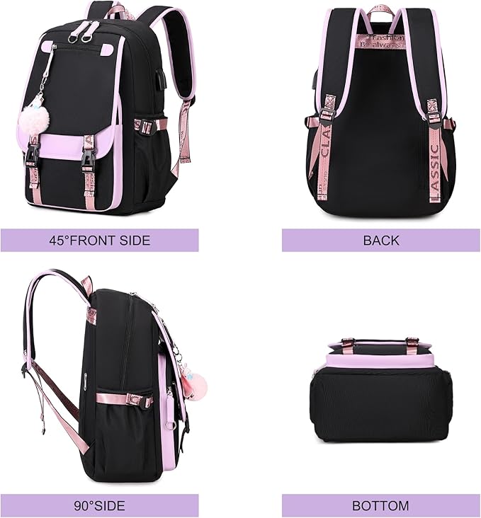 Bevalsa School Backpack for Girls, Backpack with Lunch Box & Pen Case, Bookbag for Girls Kids Elementary Middle High School Student 21L Children Schoolbag (Purple Black)